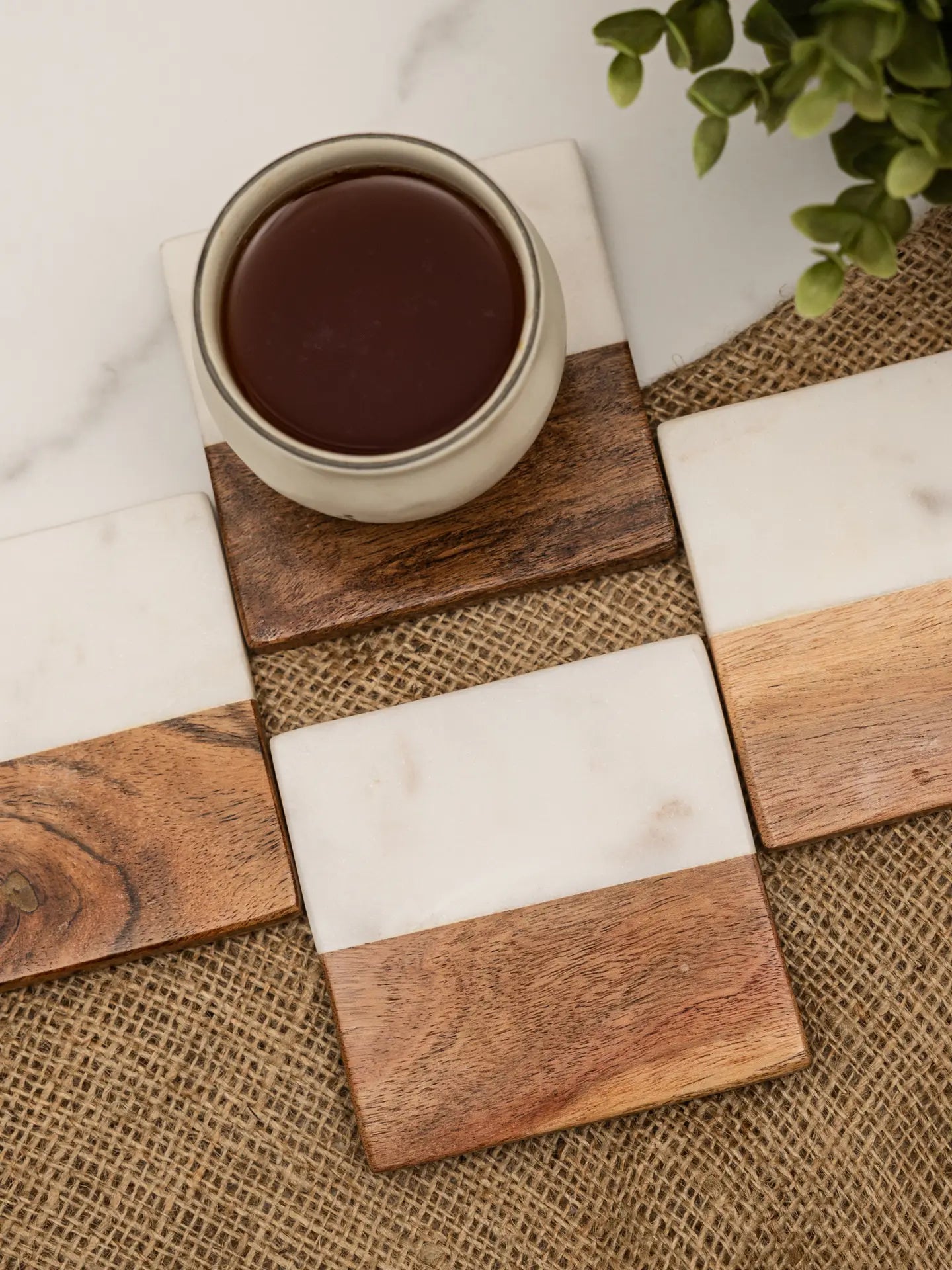 Square Wood and Marble Drinks Coasters- Set of 4