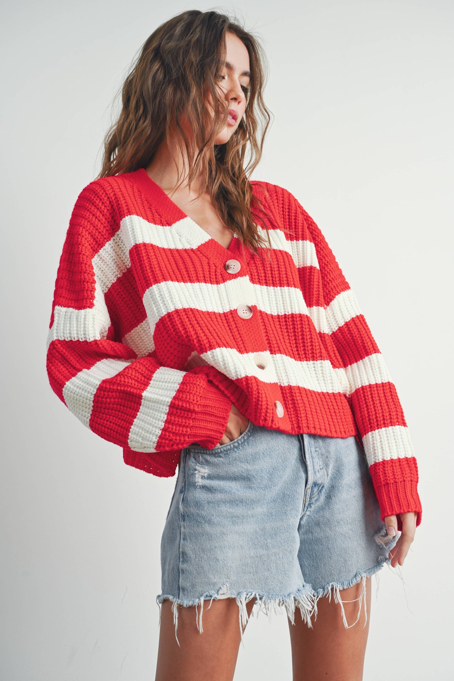 Striped V-Neck Cardigan with Buttons - BMC7331