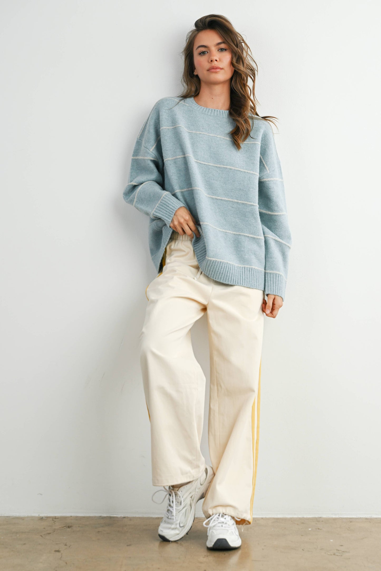 Striped Pattern Drop Shoulder Sweater - BMW7421: TAUPE MULTI / M