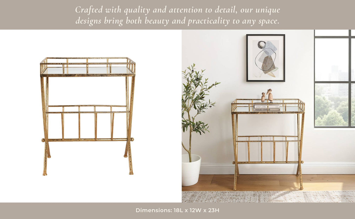 23 in. Tall Gold Metal 2 Tier Mirrored Magazine Bookcase