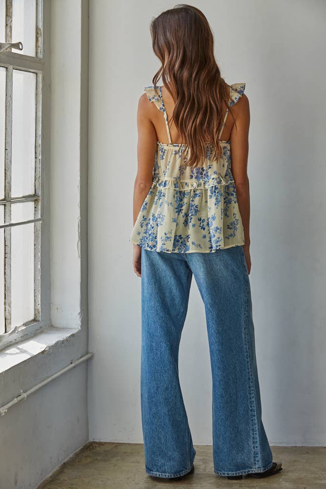 Woven Floral Print Ruffled Top