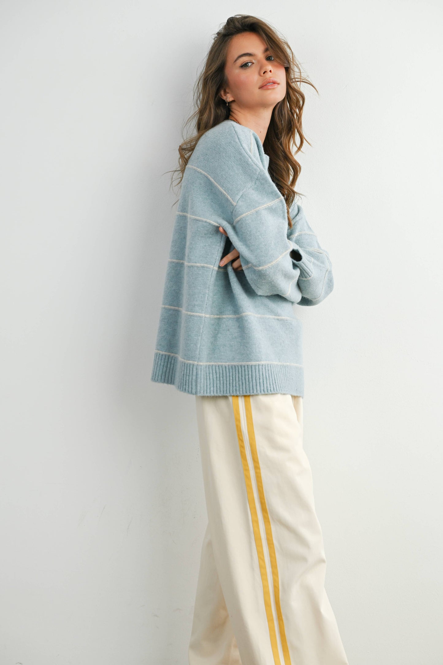 Striped Pattern Drop Shoulder Sweater - BMW7421: TAUPE MULTI / M