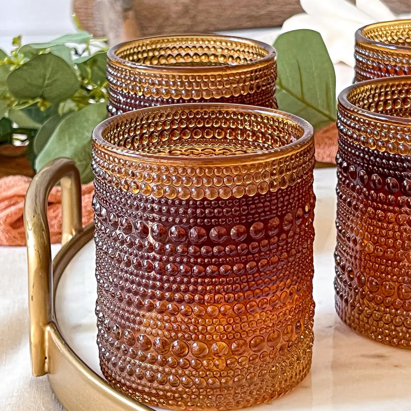 Textured Hobnail Beaded Amber Drinking Glasses