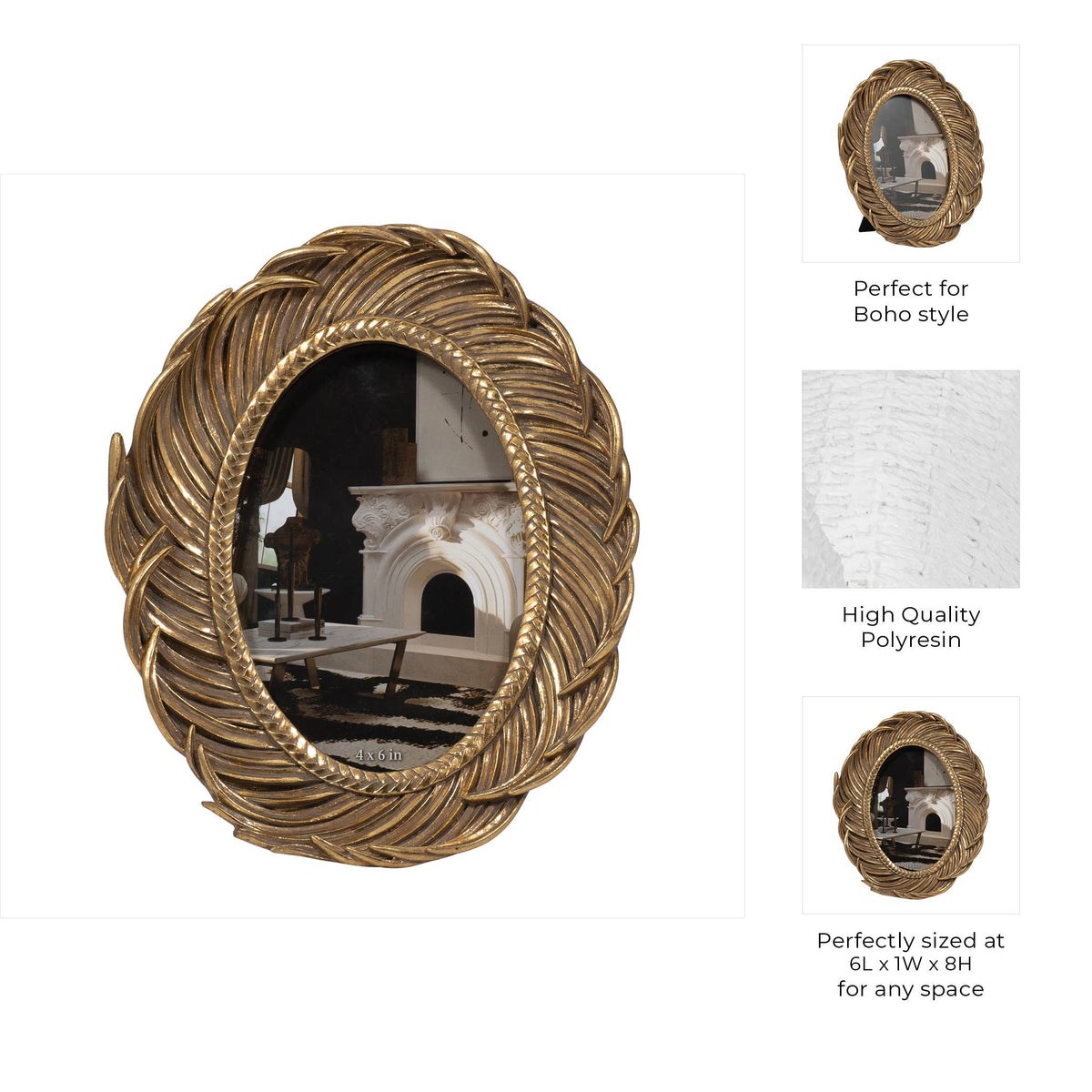 Photo Frame - Gold Polyresin Feathers Around Oval, 4x6 in.