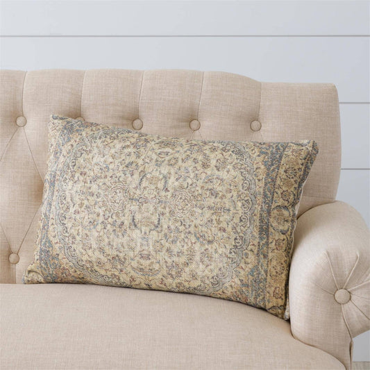 Antique Rug Slub Lumbar Pillow, Dusty Blue And Ivory