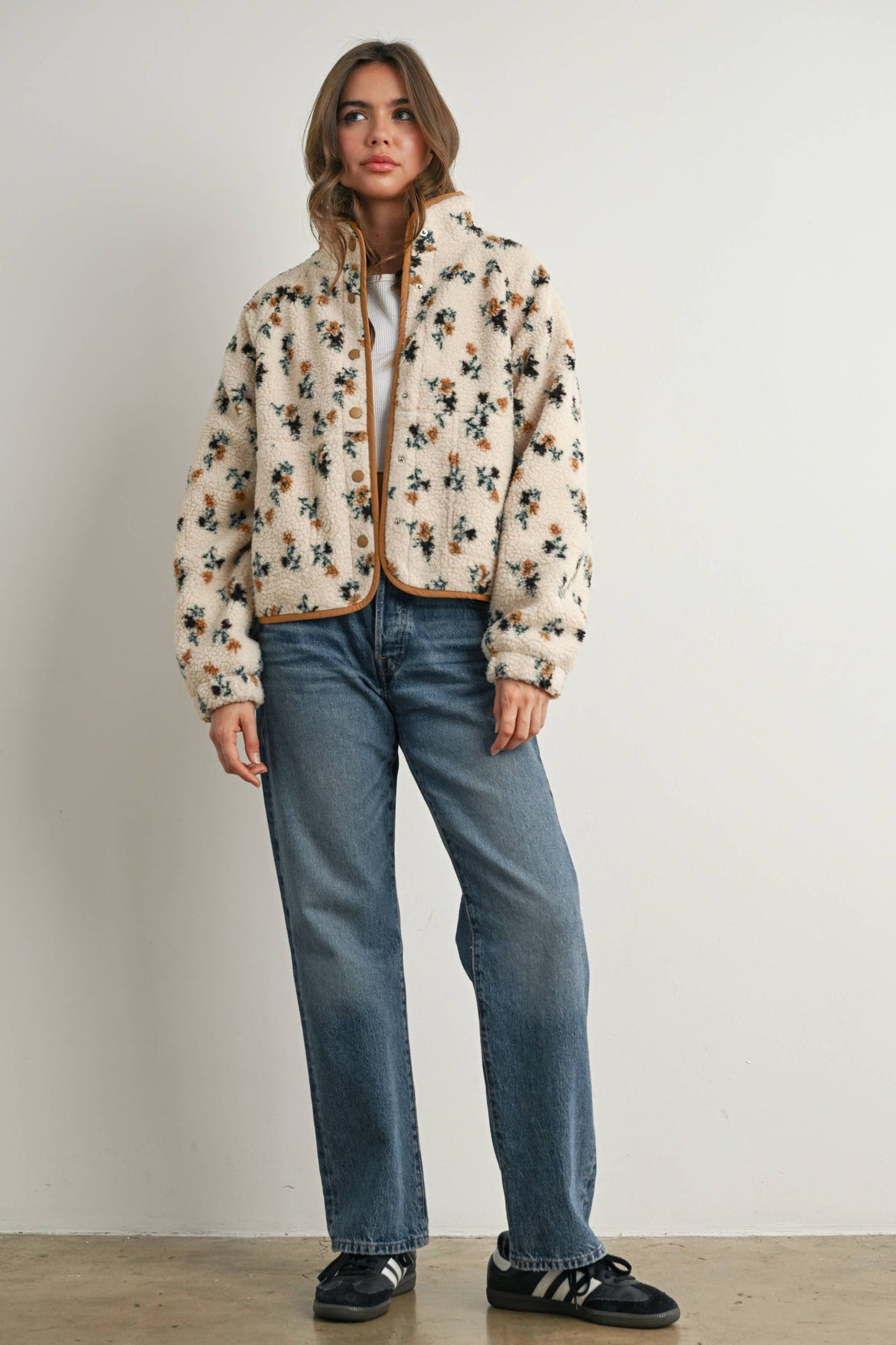 Floral Print Fluffy Fleece Jacket - BMJ7811: CREAM / KHAKI / M