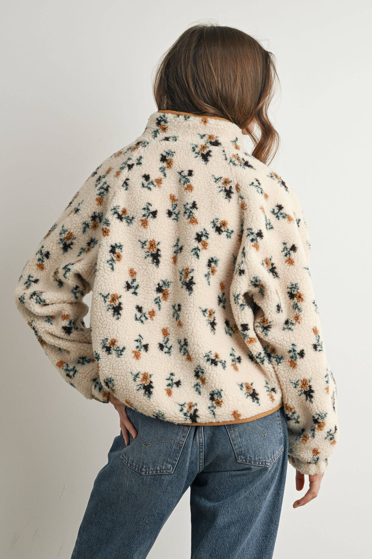 Floral Print Fluffy Fleece Jacket - BMJ7811: CREAM / KHAKI / M