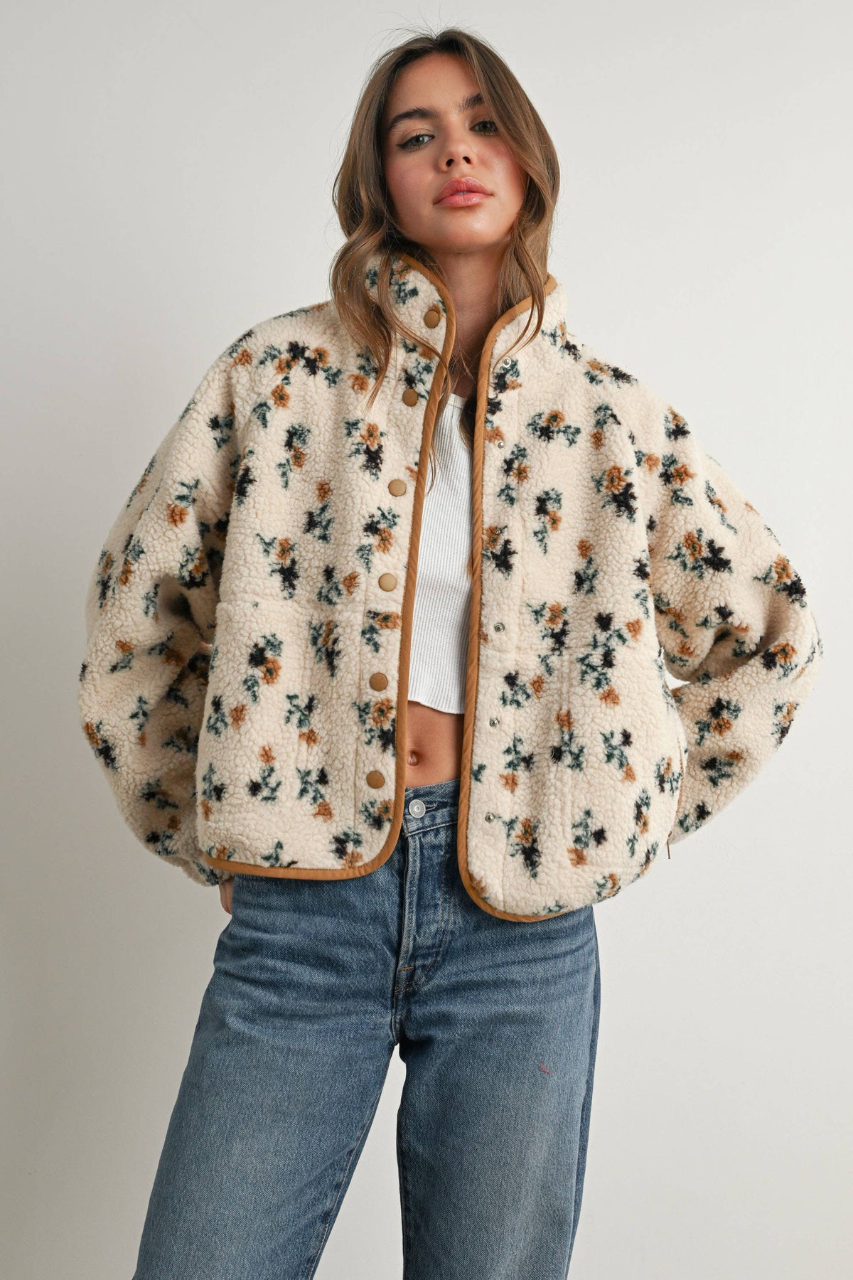 Floral Print Fluffy Fleece Jacket - BMJ7811: CREAM / KHAKI / M