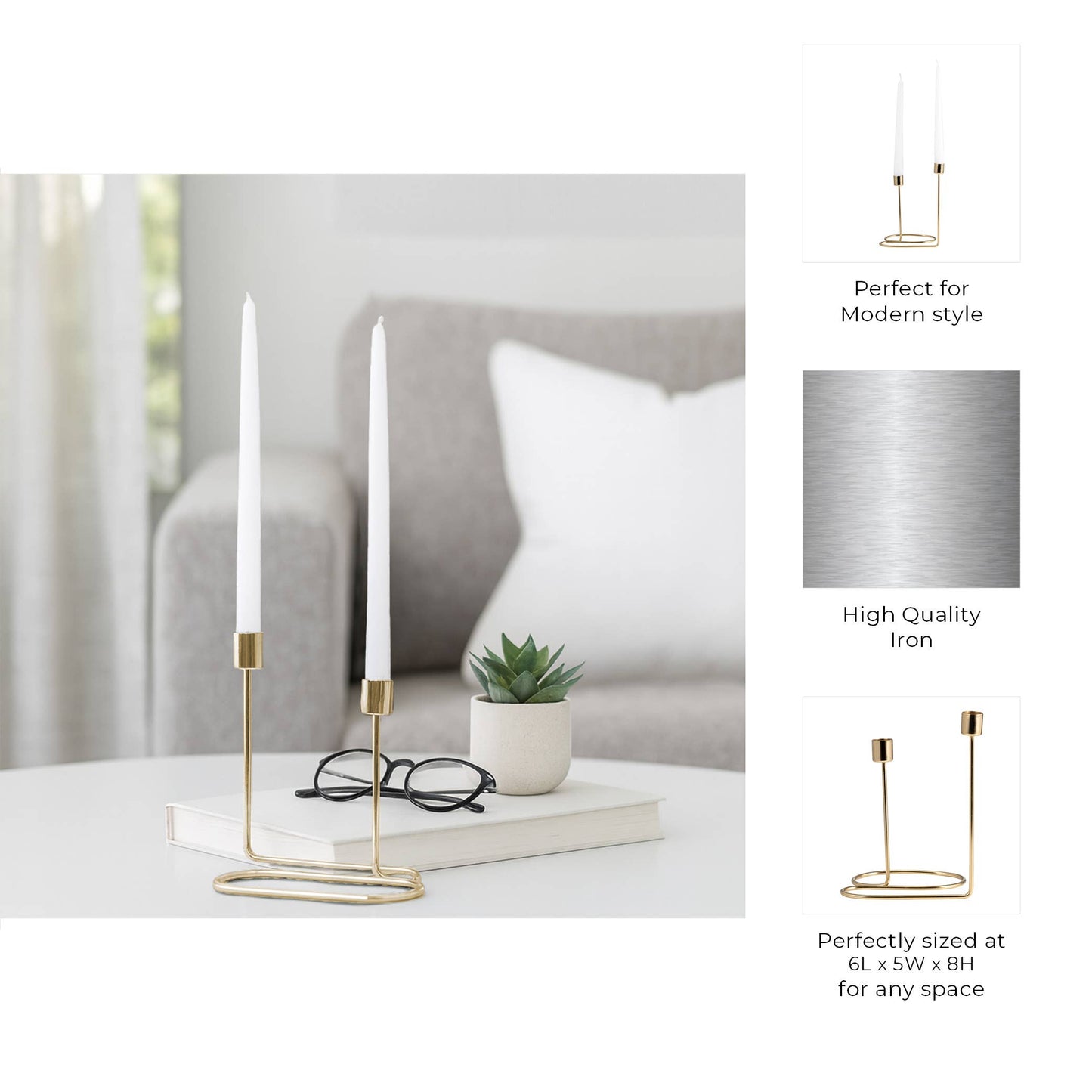 Taper Candle Holder 2-Taper - Gold Metal Double Swirl, 8 in.