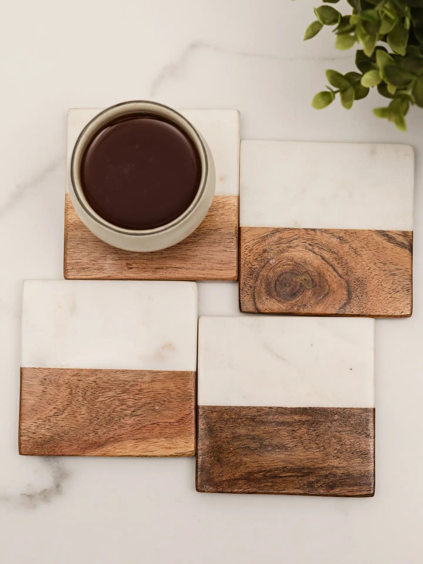 Square Wood and Marble Drinks Coasters- Set of 4