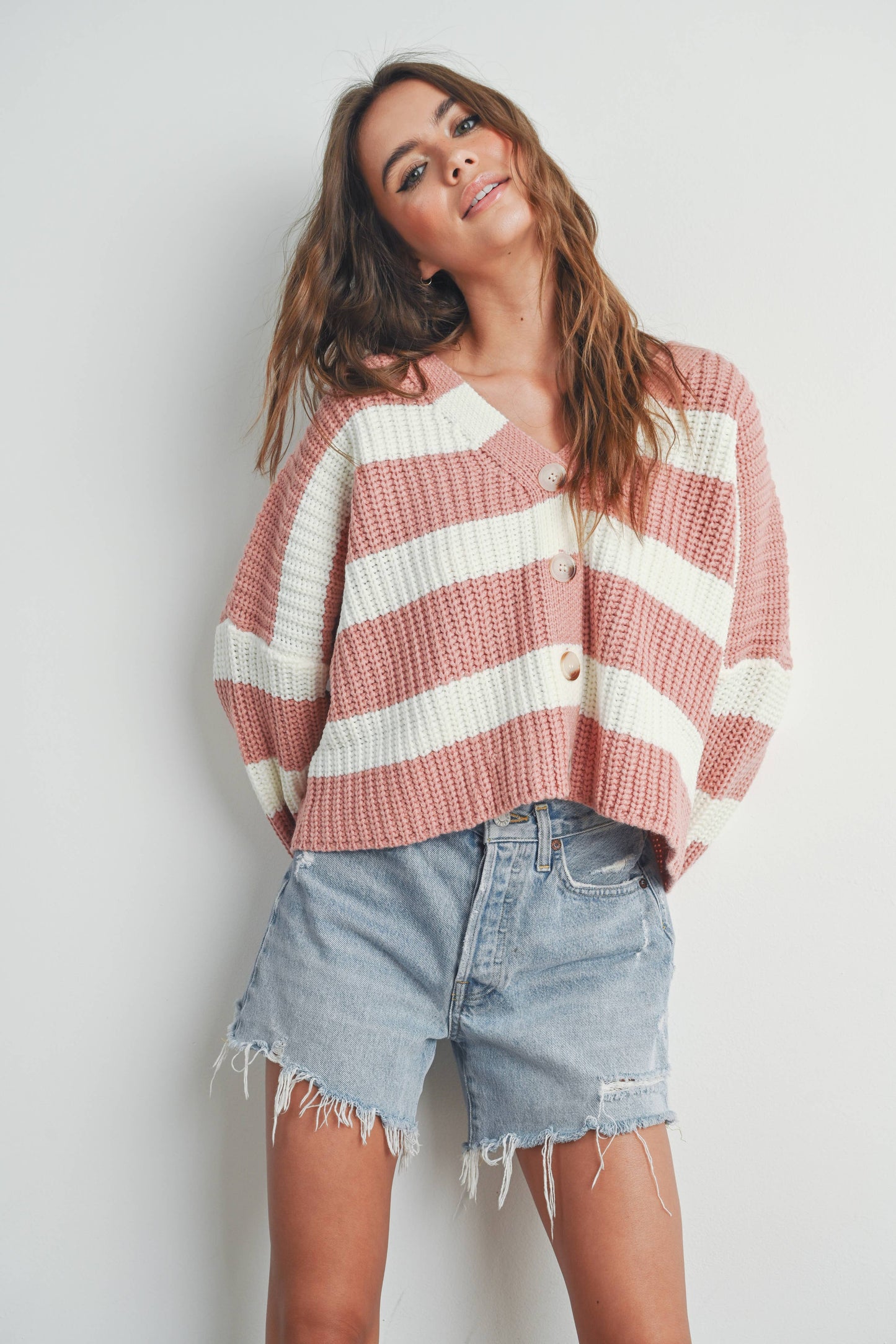 Striped V-Neck Cardigan with Buttons - BMC7331