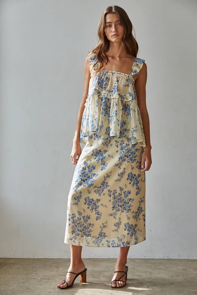 Woven Floral Print Midi Skirt