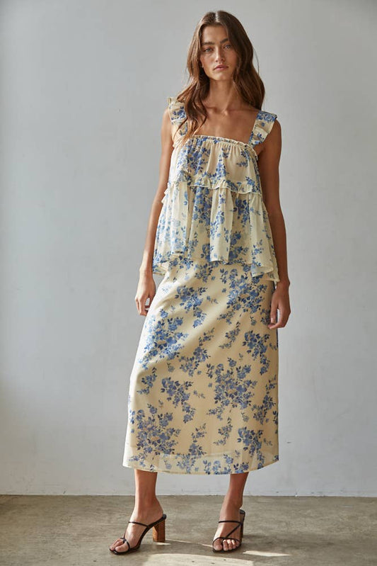 Woven Floral Print Midi Skirt