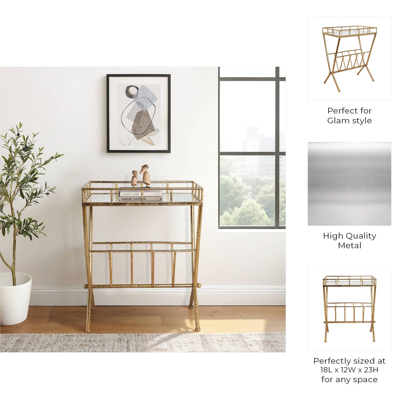 23 in. Tall Gold Metal 2 Tier Mirrored Magazine Bookcase