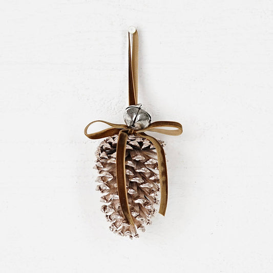 Hanging Jumbo Pinecone with Bell – Champagne (6”)
