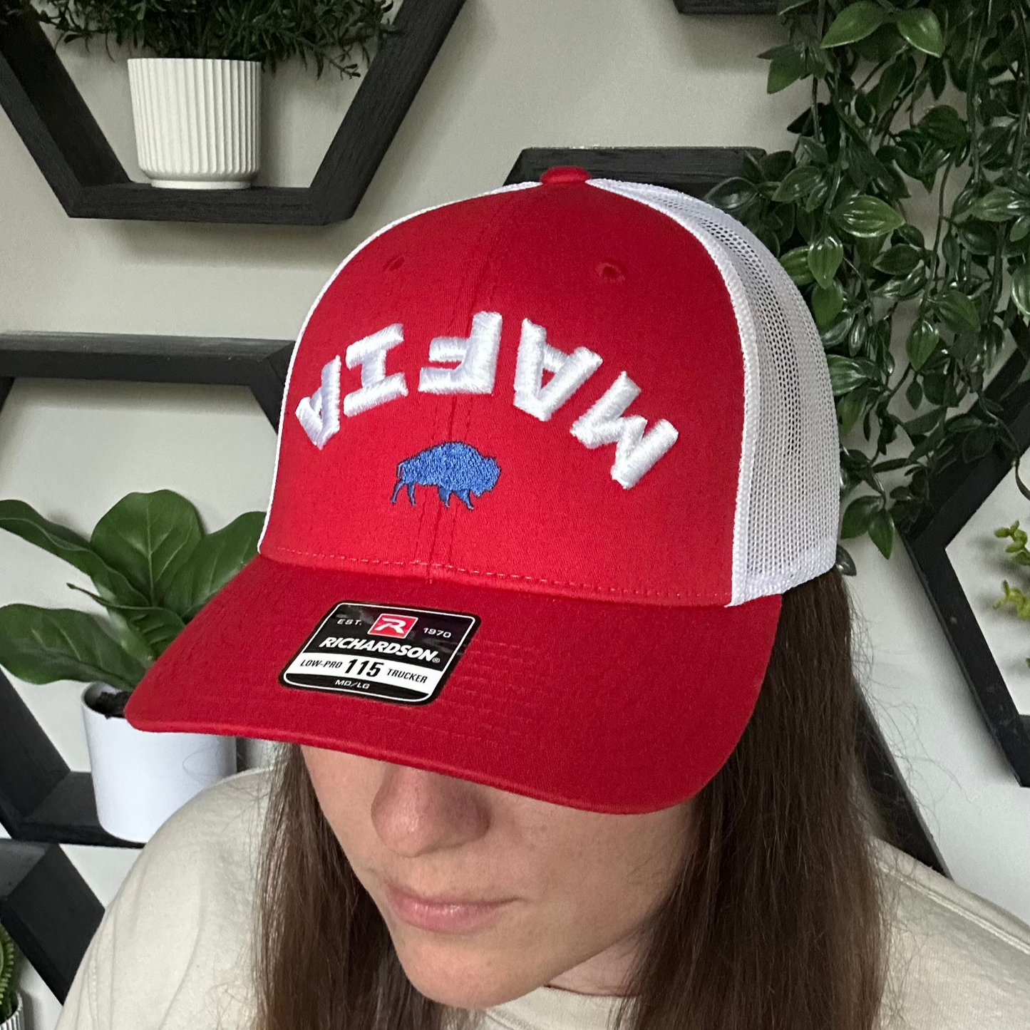 Embroidered Bills Mafia 3D Inverted Trucker Hat: Red