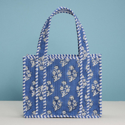 Blue Quilted Floral Mini Tote Bag