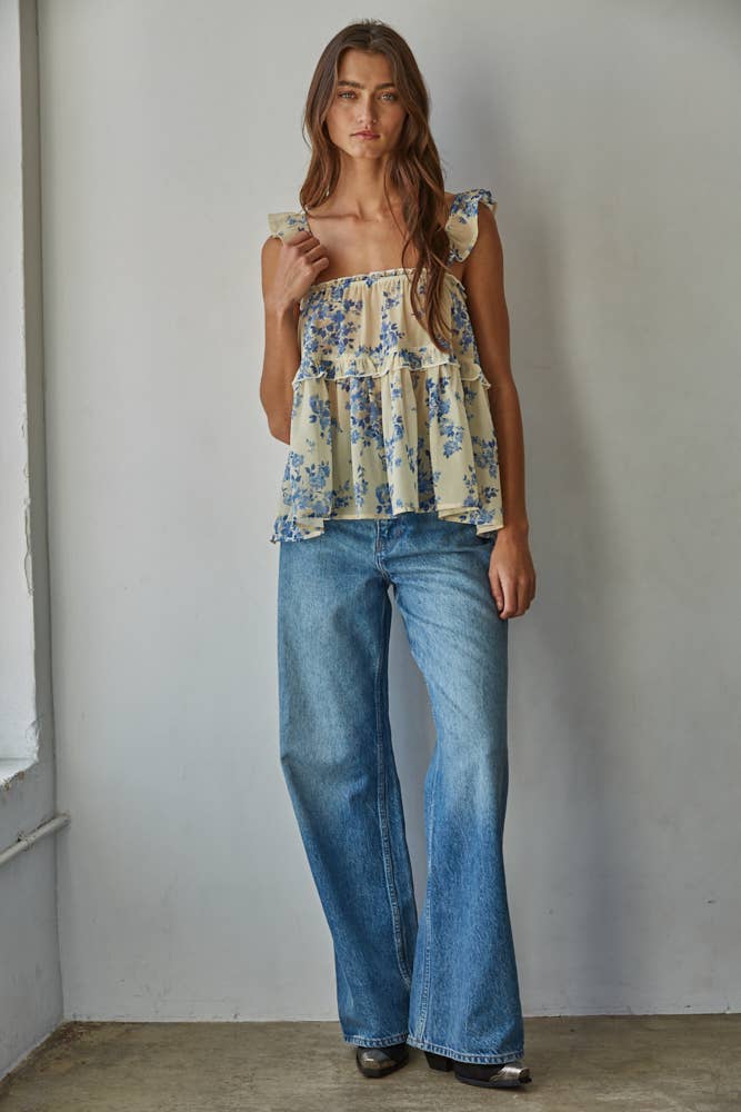 Woven Floral Print Ruffled Top