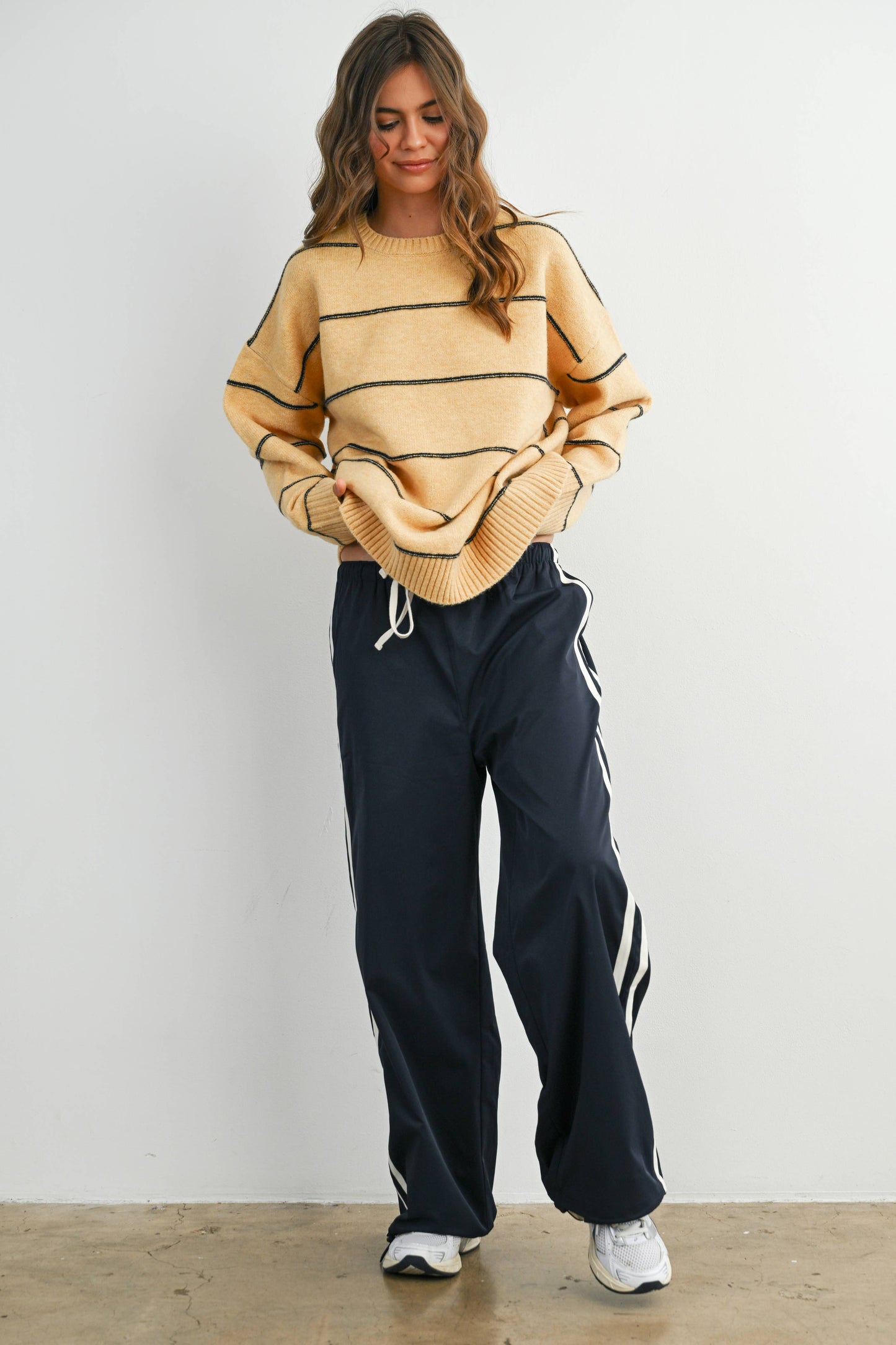 Striped Pattern Drop Shoulder Sweater - BMW7421: TAUPE MULTI / L