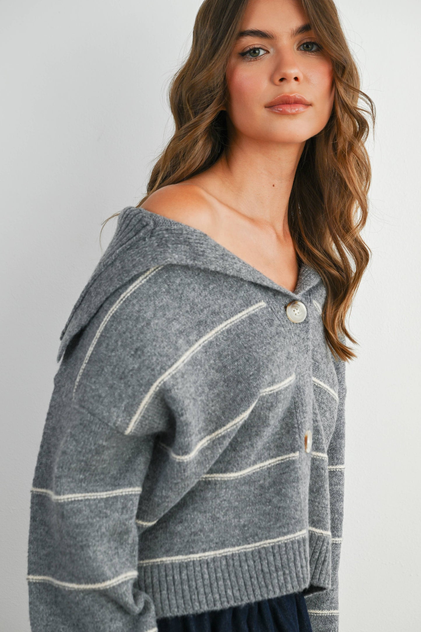 Button-Up Striped Collared Long Sleeve Top - BMC7883: TAUPE MULTI / L