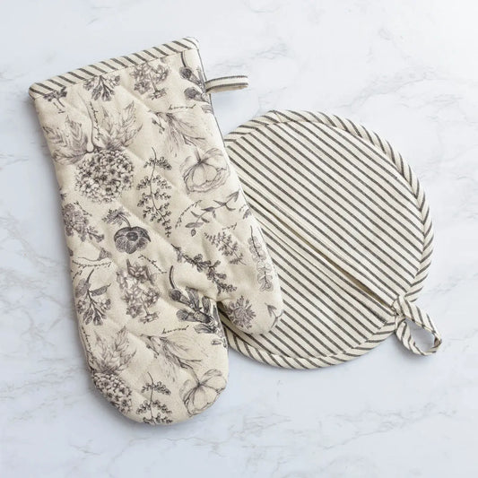 Oven Mitt and Pot Holder - Black and White Botanicals