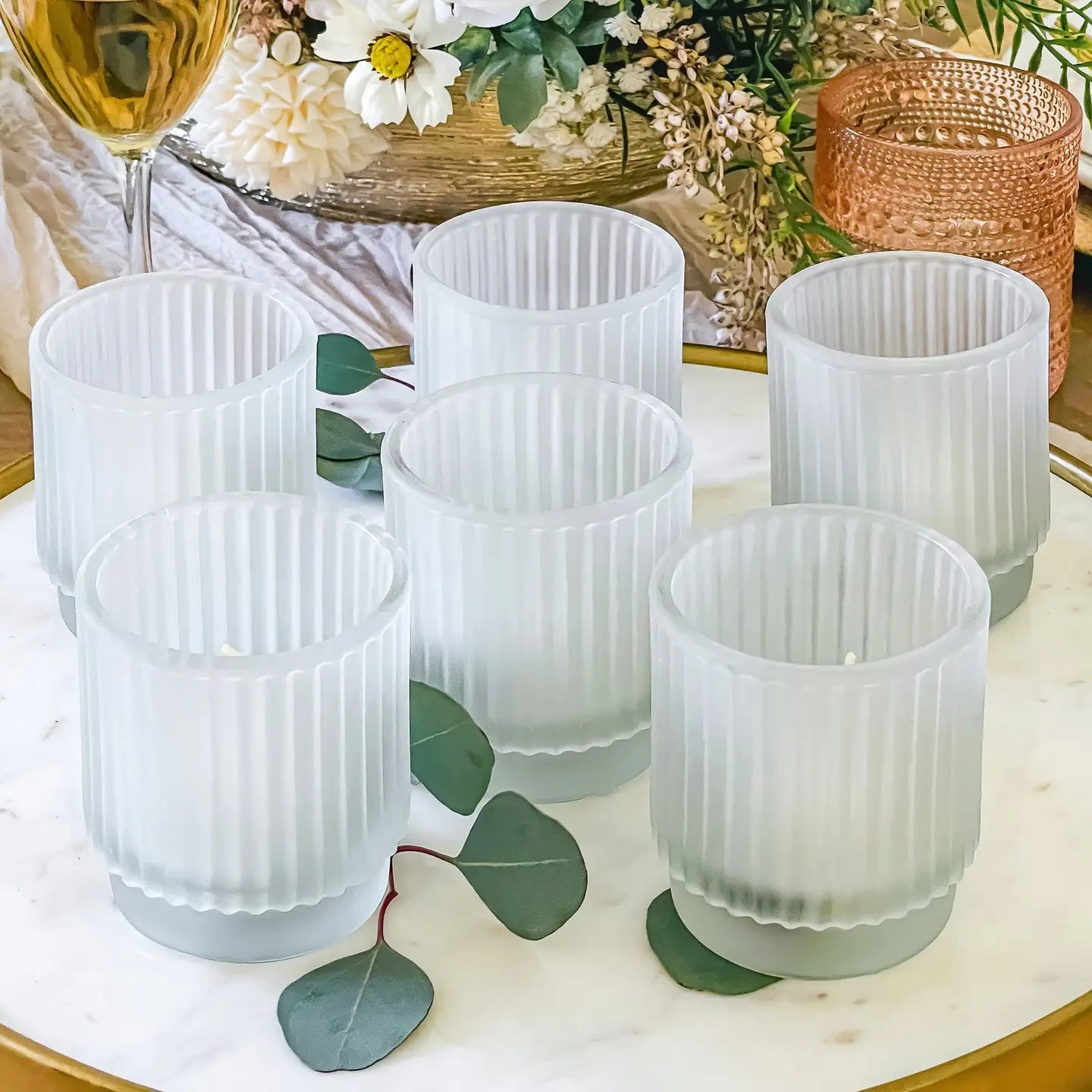 Ribbed Frosted Glass Votive Candle Holder Set