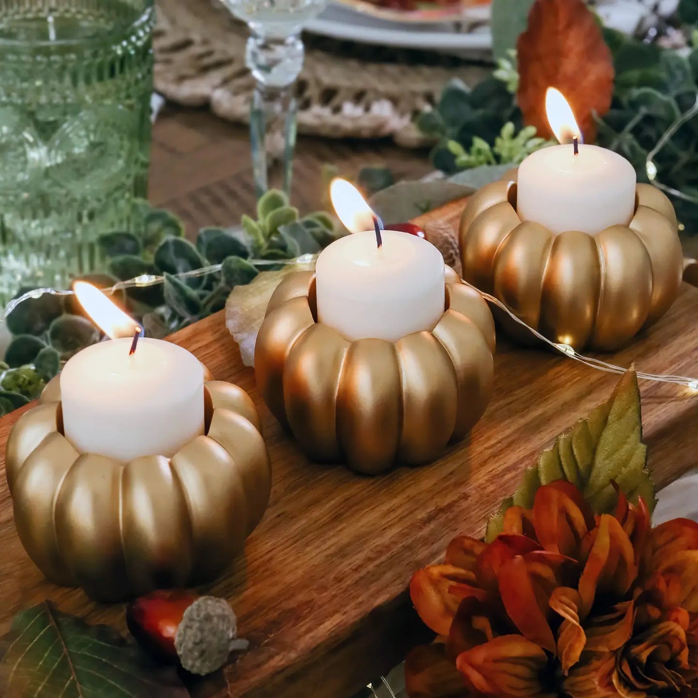 Gold White Pumpkin Tealight & Candlestick Holder