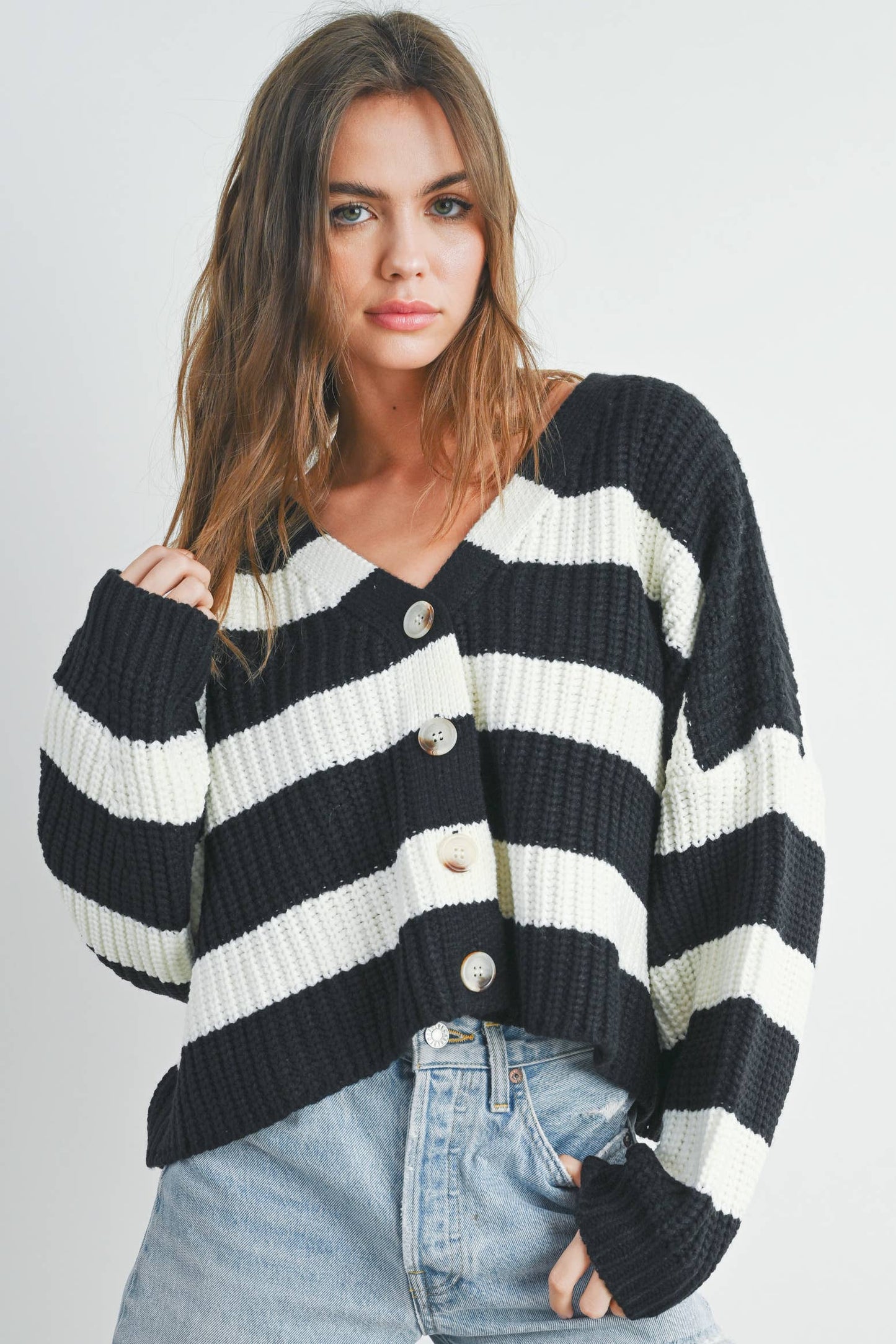 Striped V-Neck Cardigan with Buttons - BMC7331