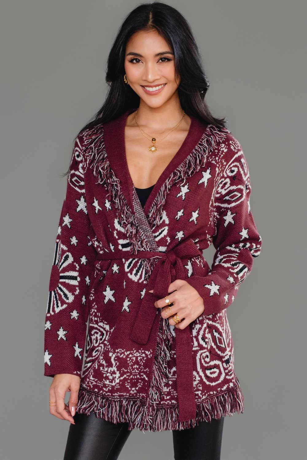 Burgundy Bandana Fringe Cardigan