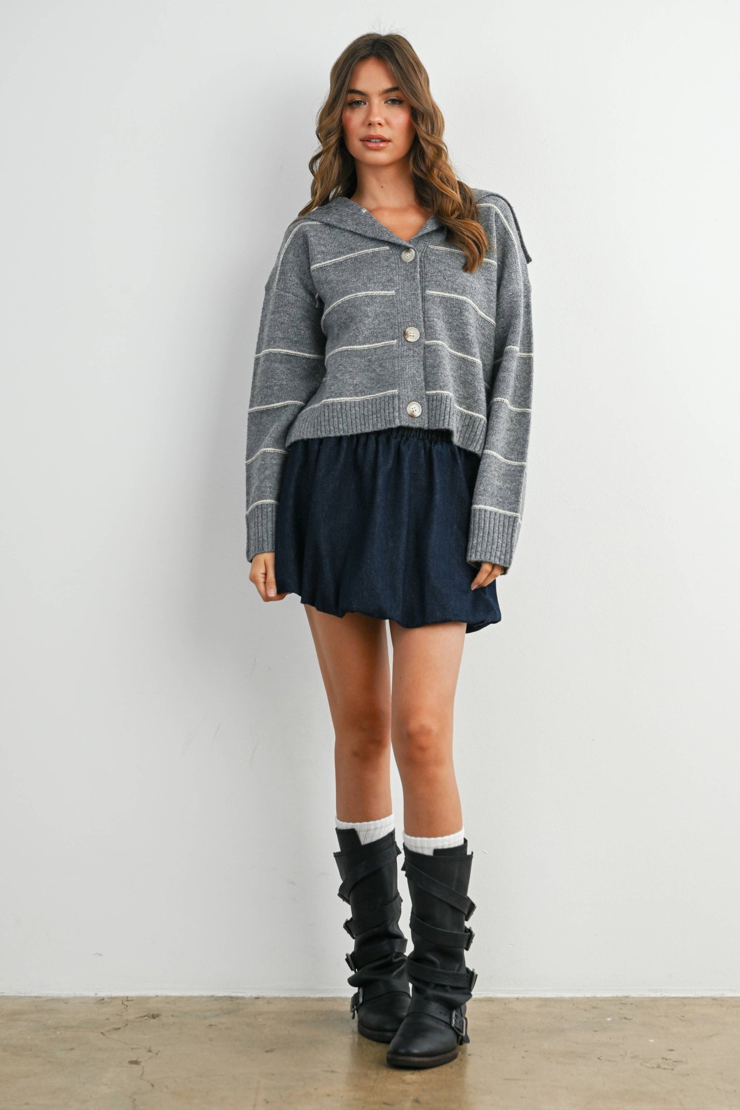 Button-Up Striped Collared Long Sleeve Top - BMC7883: TAUPE MULTI / M