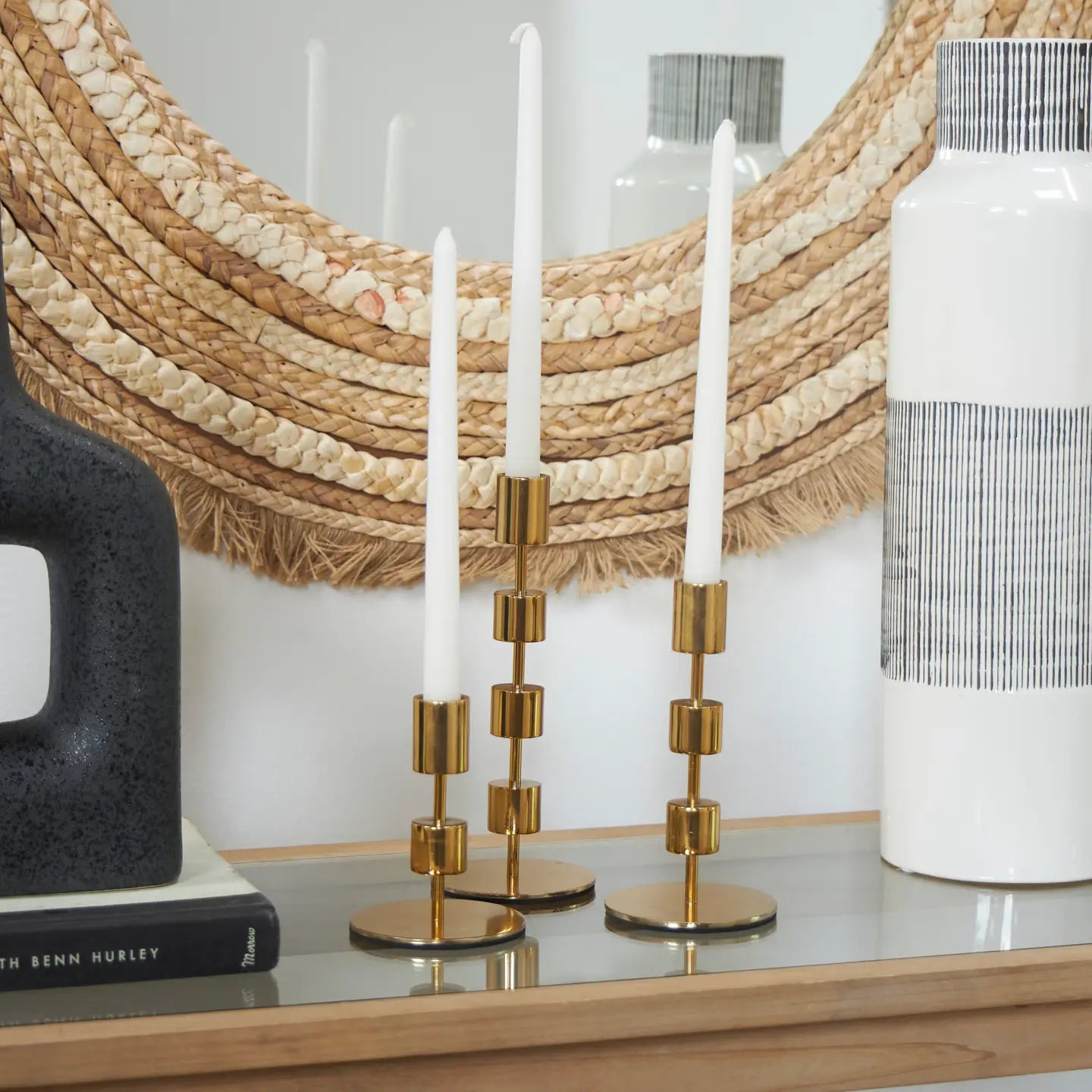 Contemporary Gold Aluminum Metal Candle Holder Set