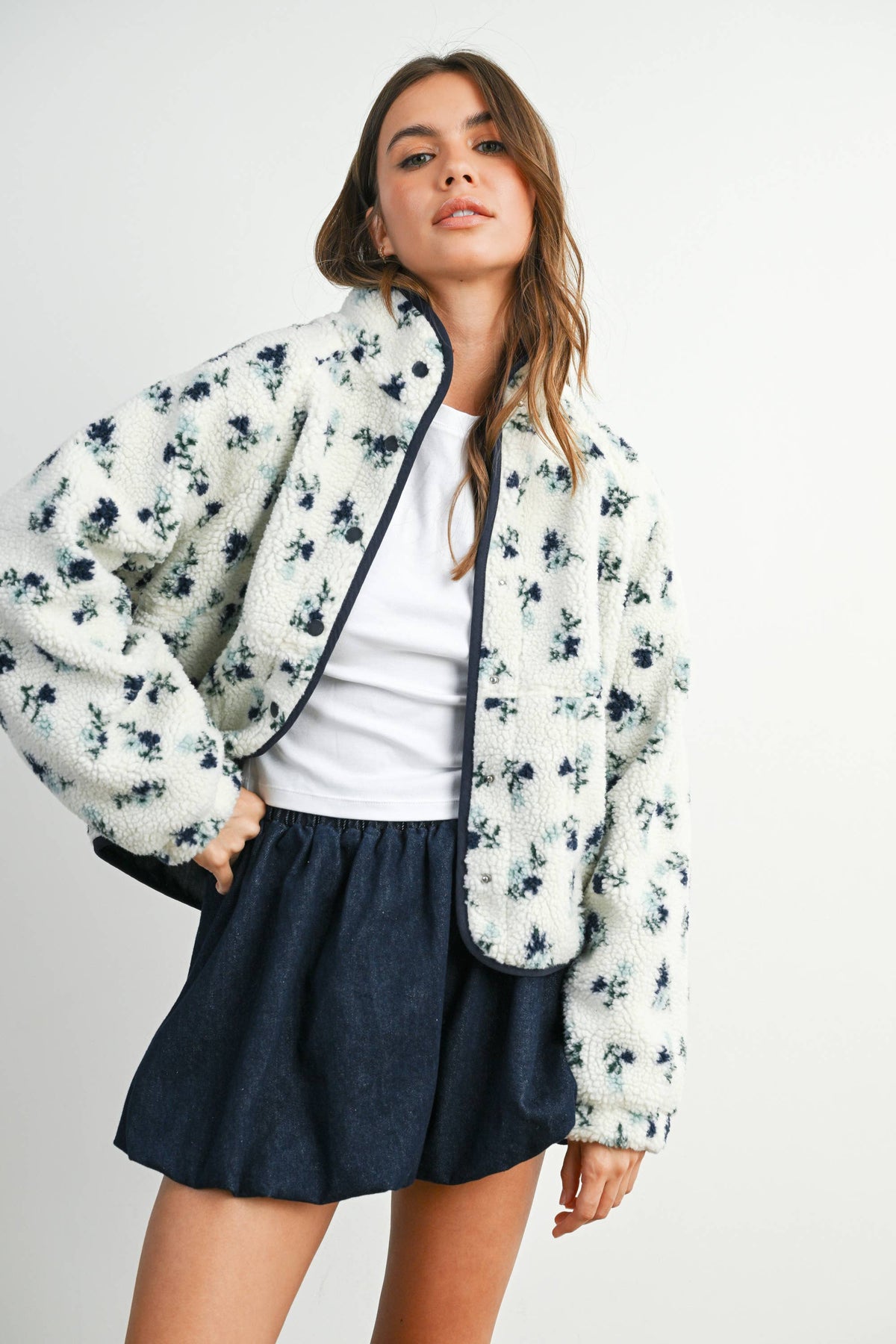 Floral Print Fluffy Fleece Jacket - BMJ7811: CREAM / KHAKI / M