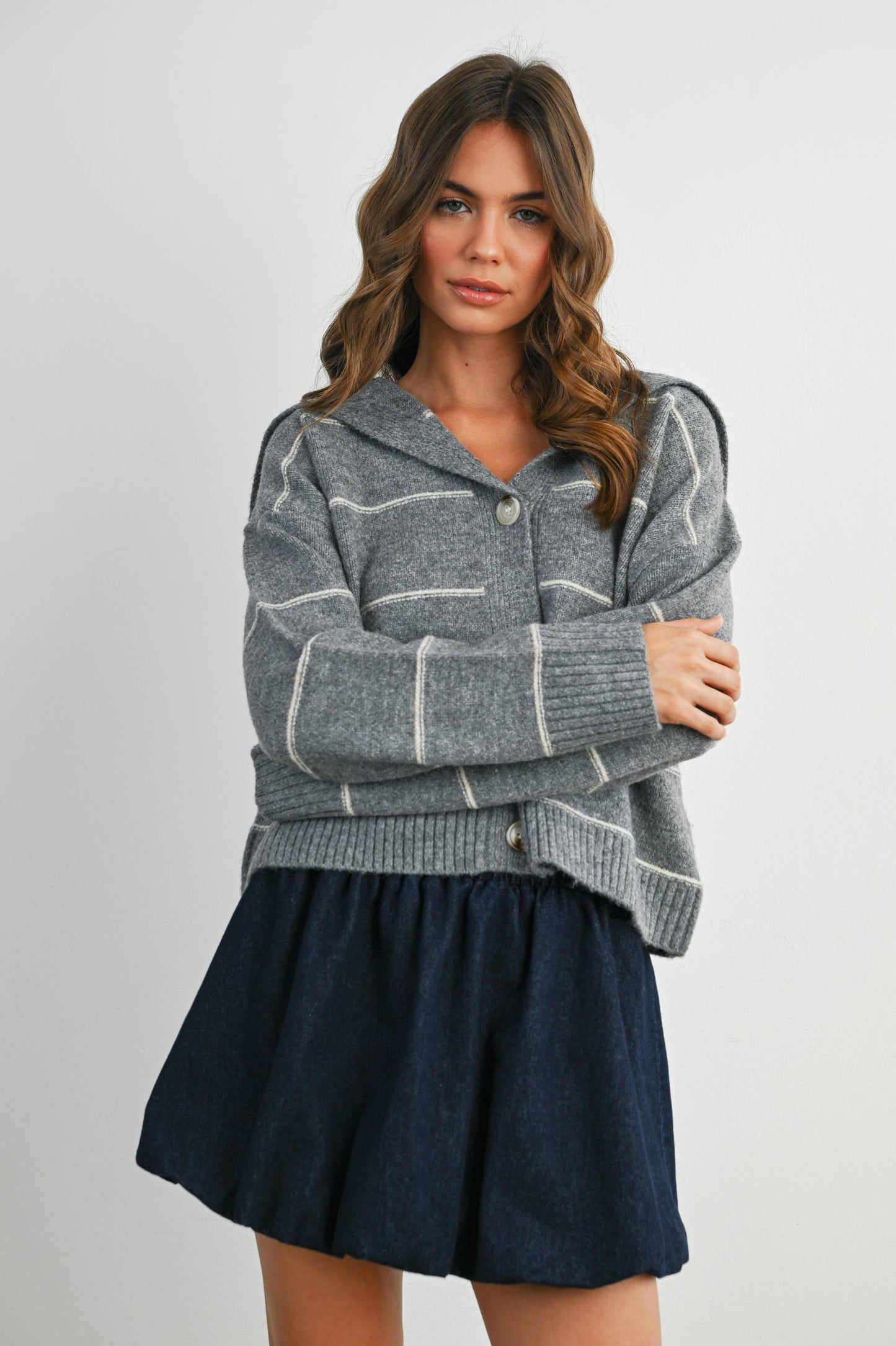 Button-Up Striped Collared Long Sleeve Top - BMC7883: TAUPE MULTI / L