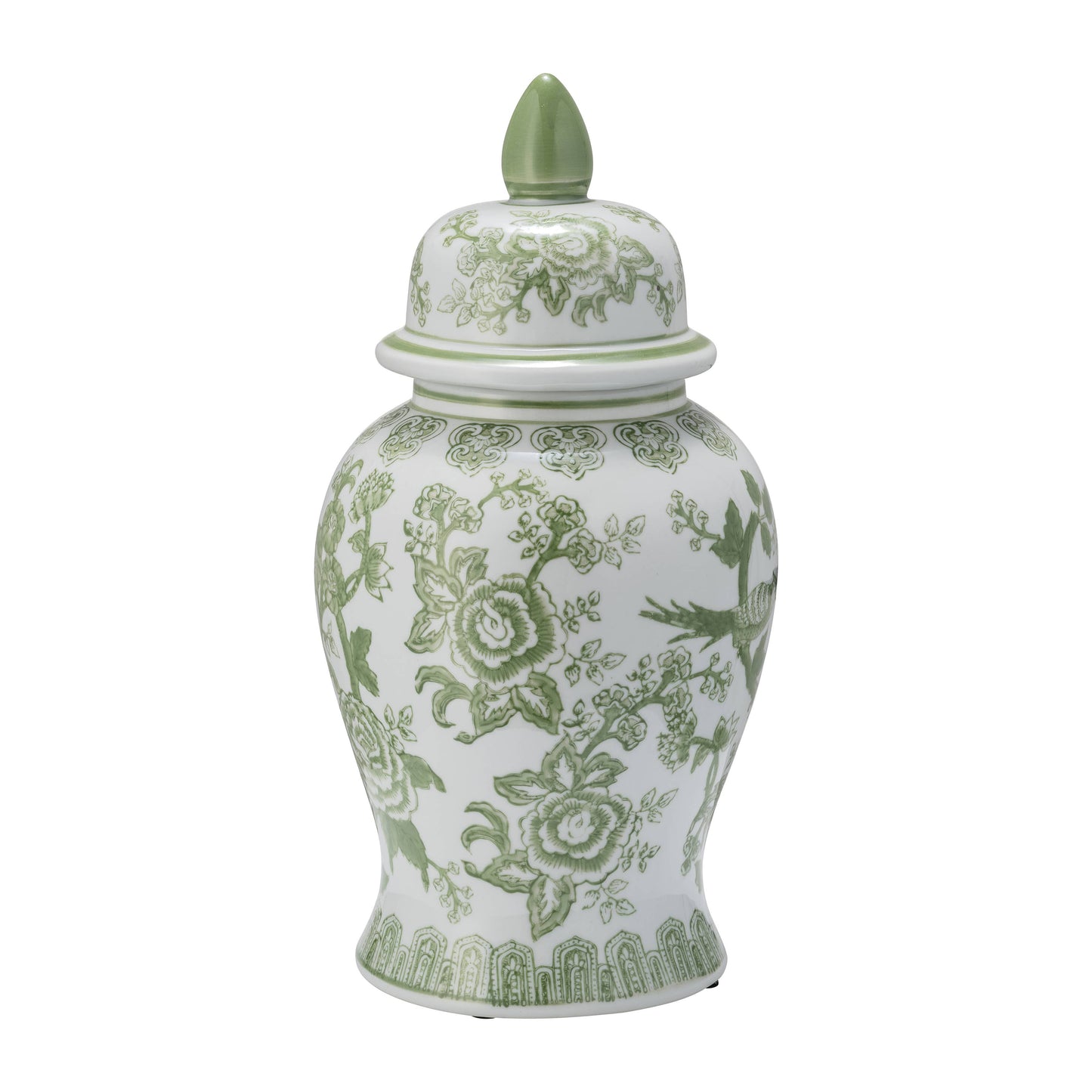 14 in. Green/White Bird and Flower Temple Chinoiserie Jar