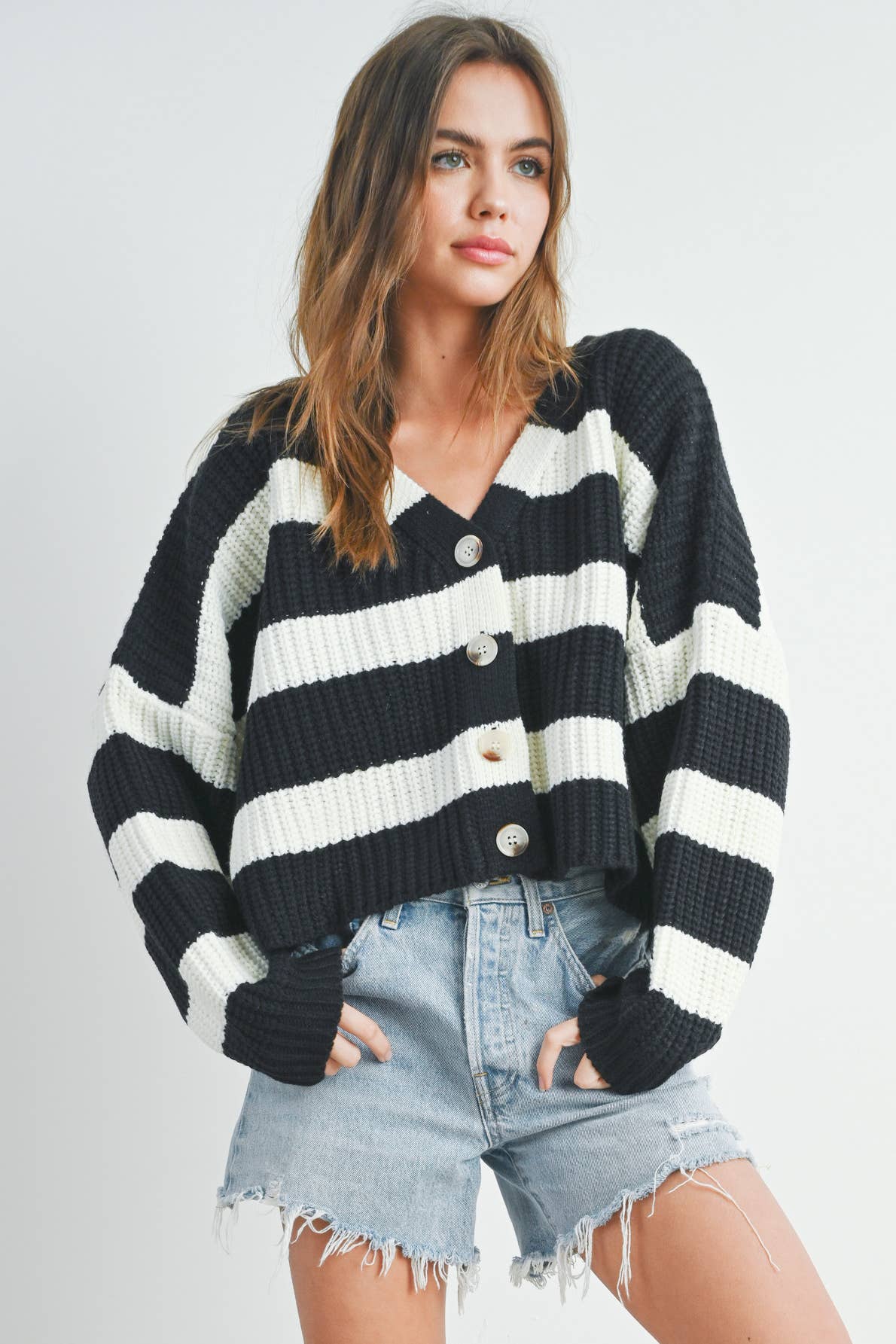 Striped V-Neck Cardigan with Buttons - BMC7331