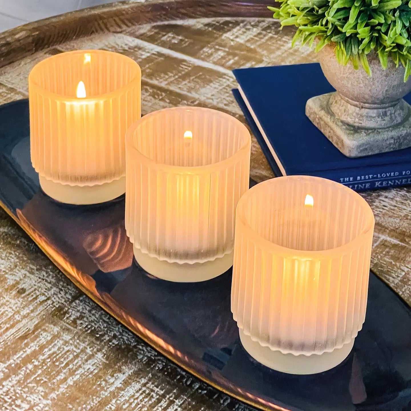 Ribbed Frosted Glass Votive Candle Holder Set