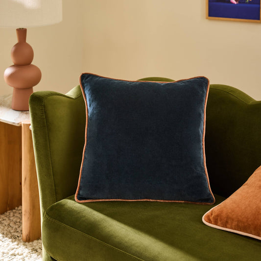 Bailey Brushed Cotton Velvet Cushion Dark Navy/Nutmeg