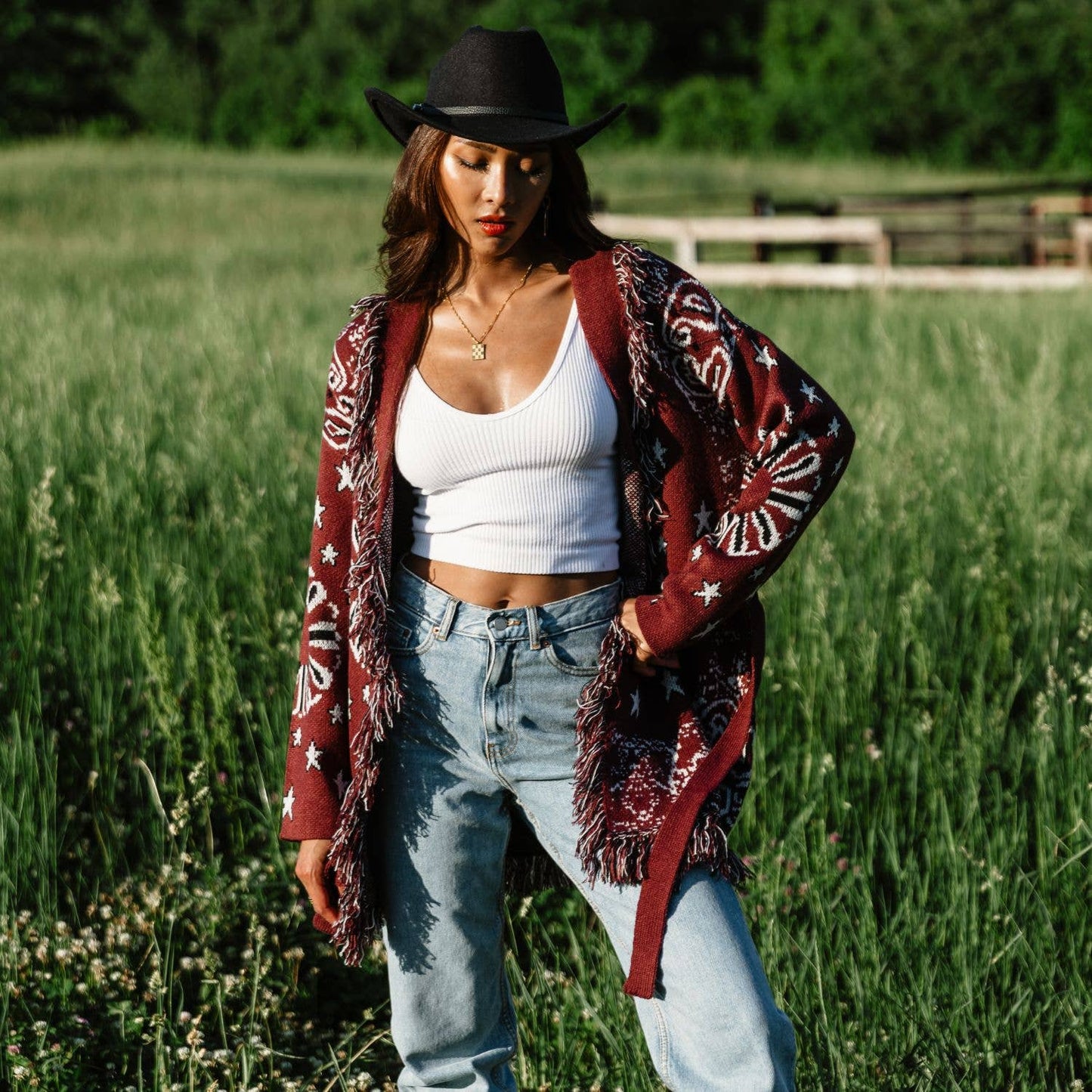 Burgundy Bandana Fringe Cardigan