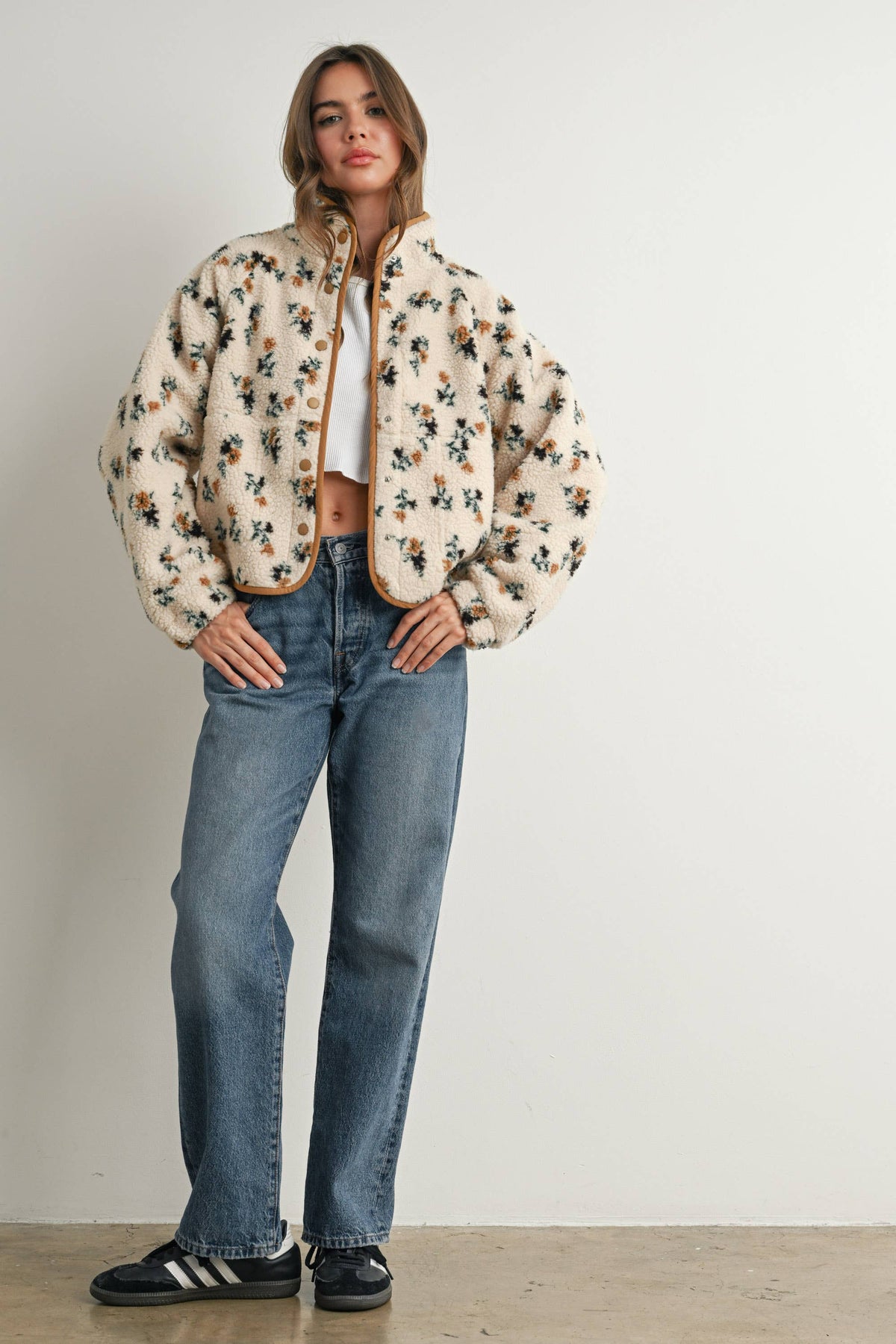 Floral Print Fluffy Fleece Jacket - BMJ7811: CREAM / KHAKI / L