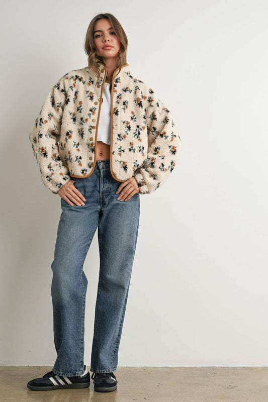Floral Print Fluffy Fleece Jacket - BMJ7811: CREAM / KHAKI / L