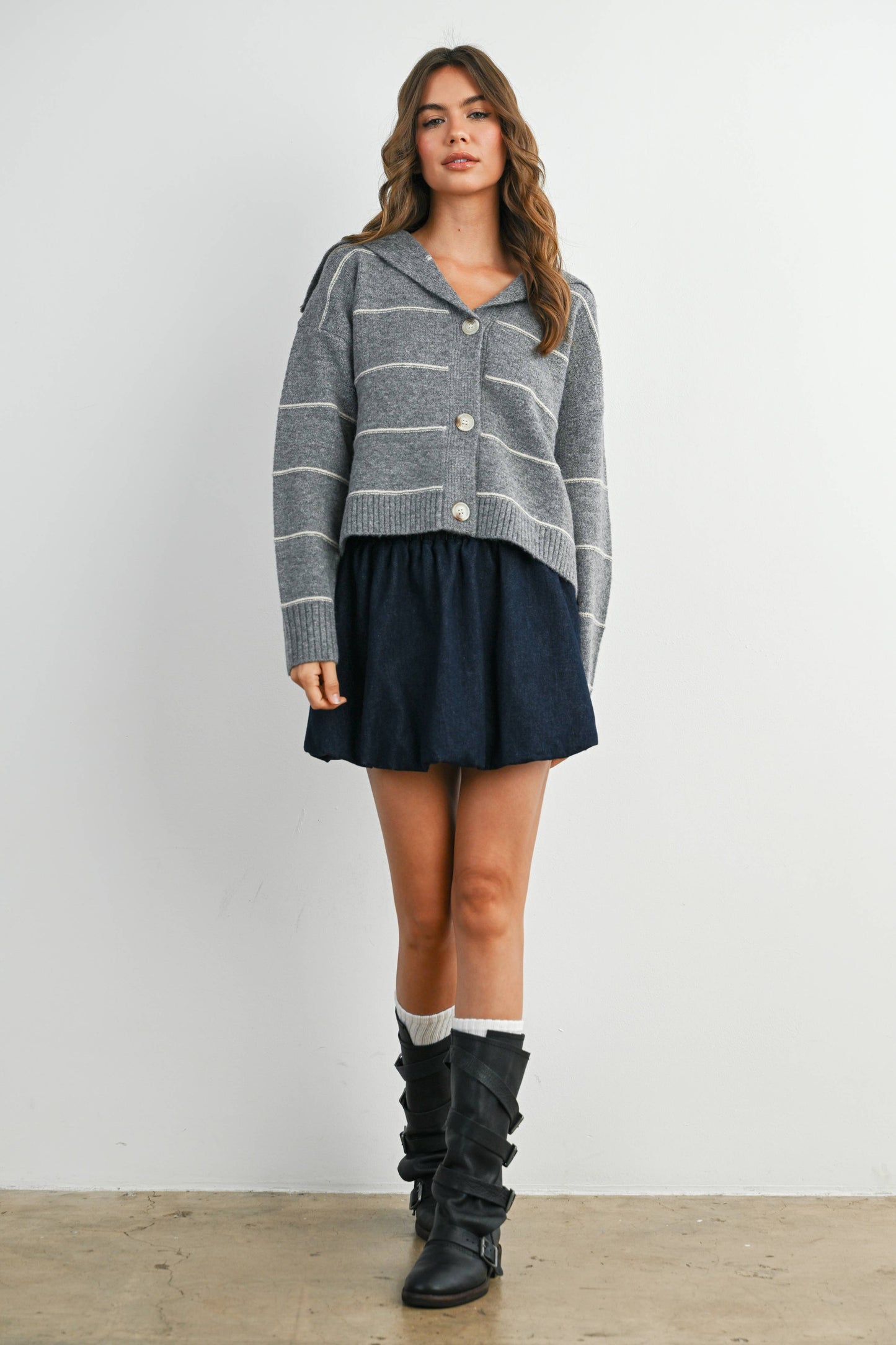 Button-Up Striped Collared Long Sleeve Top - BMC7883: TAUPE MULTI / L