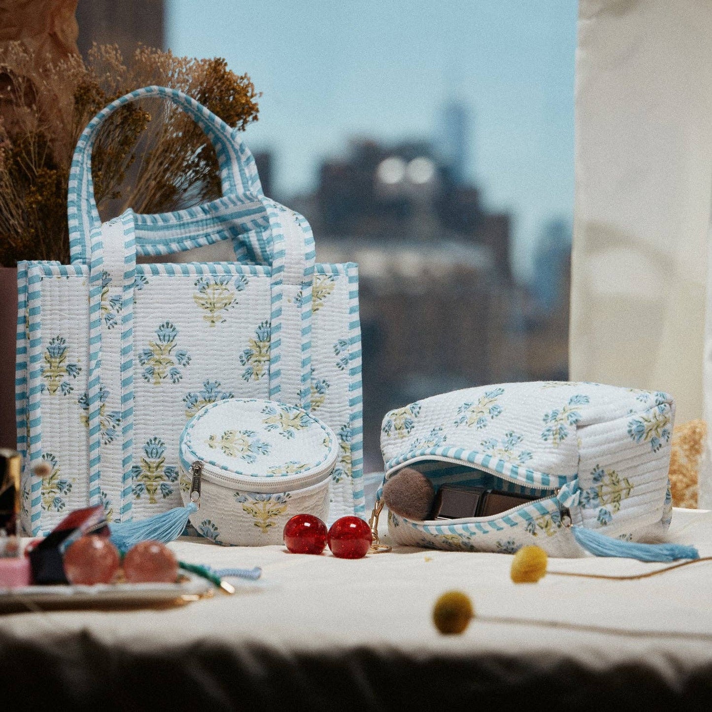Blue Floral Quilted Mini Tote Bag – Soft Fabric Everyday Carry Handbag