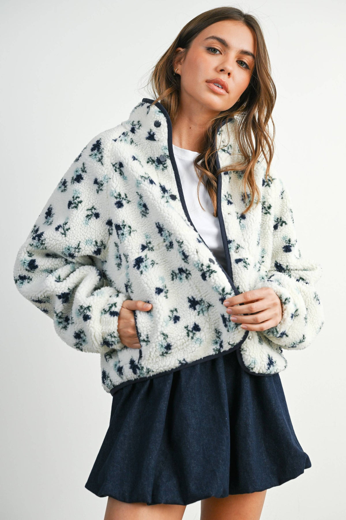 Floral Print Fluffy Fleece Jacket - BMJ7811: CREAM / KHAKI / L