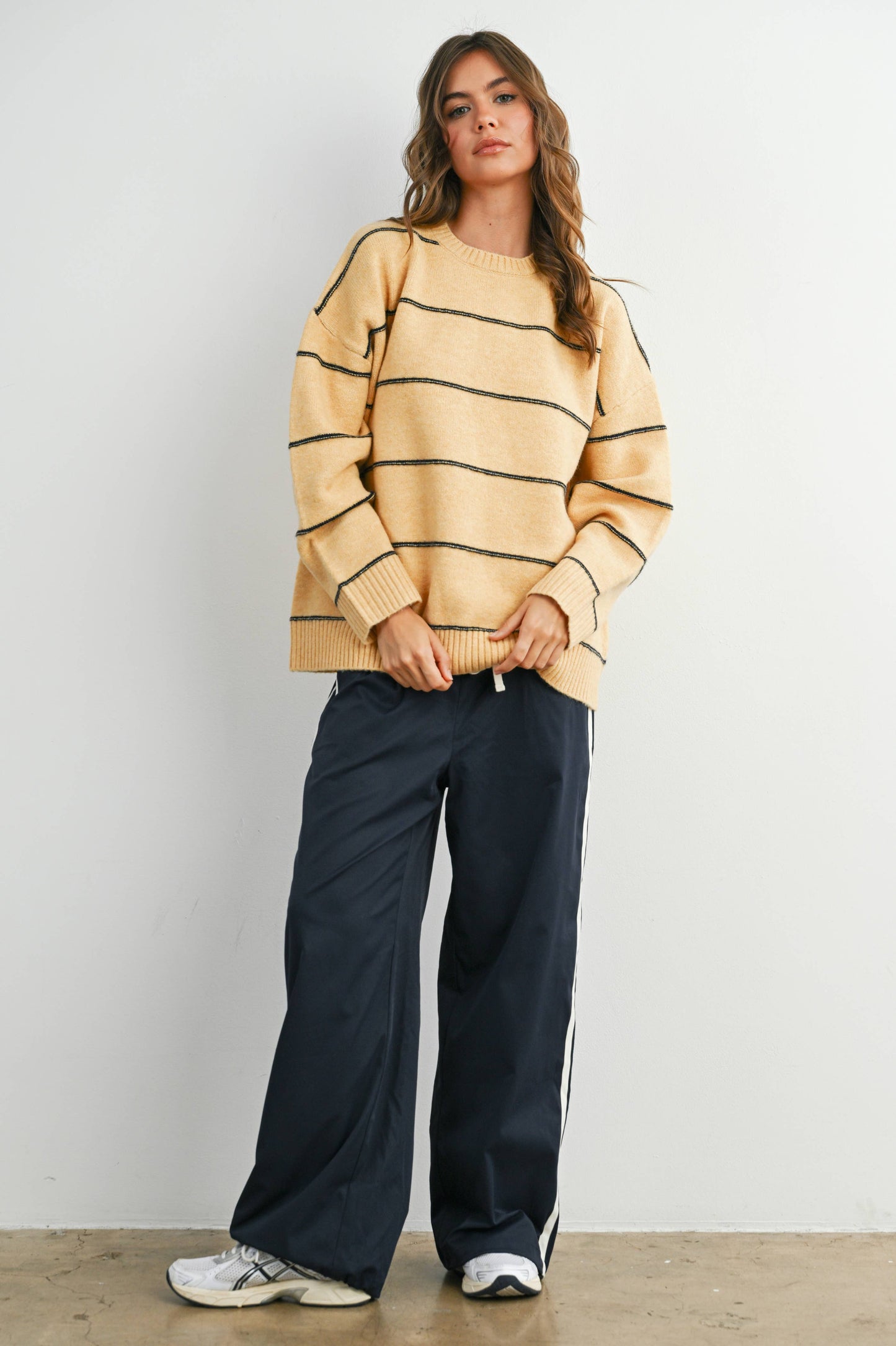 Striped Pattern Drop Shoulder Sweater - BMW7421: TAUPE MULTI / L