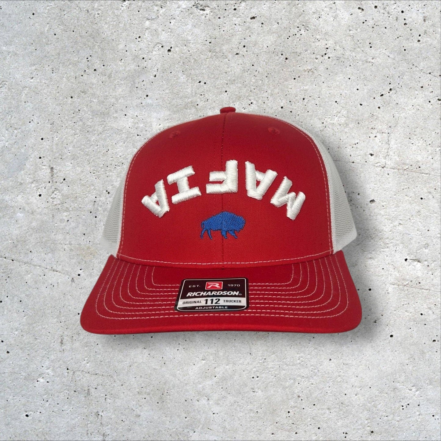 Embroidered Bills Mafia 3D Inverted Trucker Hat: Red