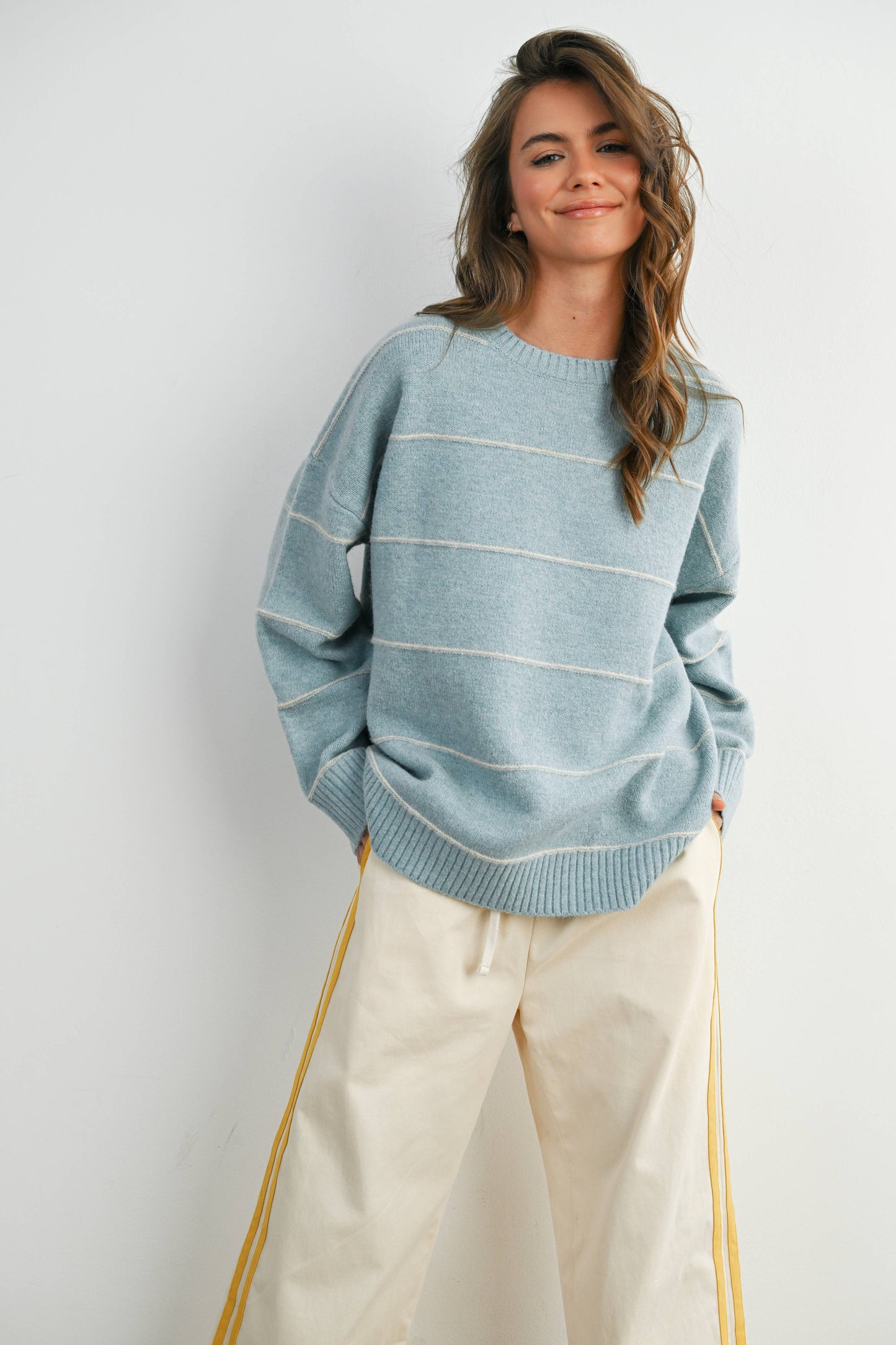 Striped Pattern Drop Shoulder Sweater - BMW7421: TAUPE MULTI / M