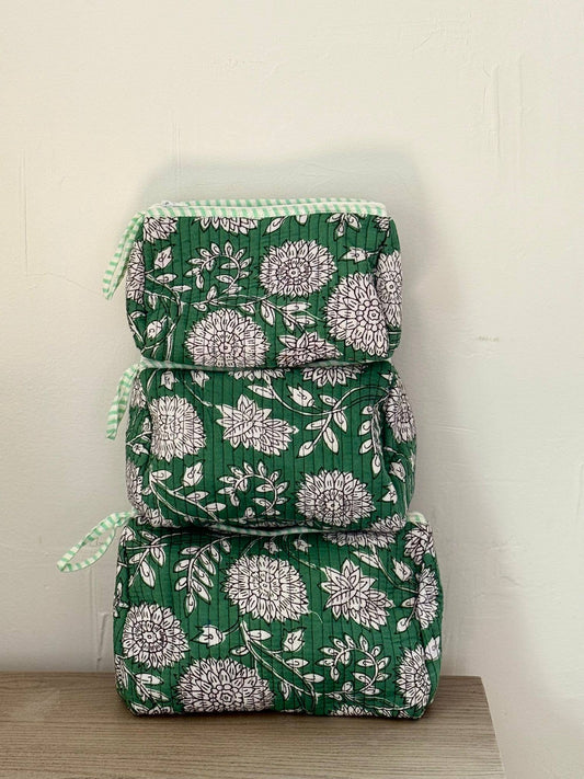 Green Block Printed Toiletry Bag - Set of 3  