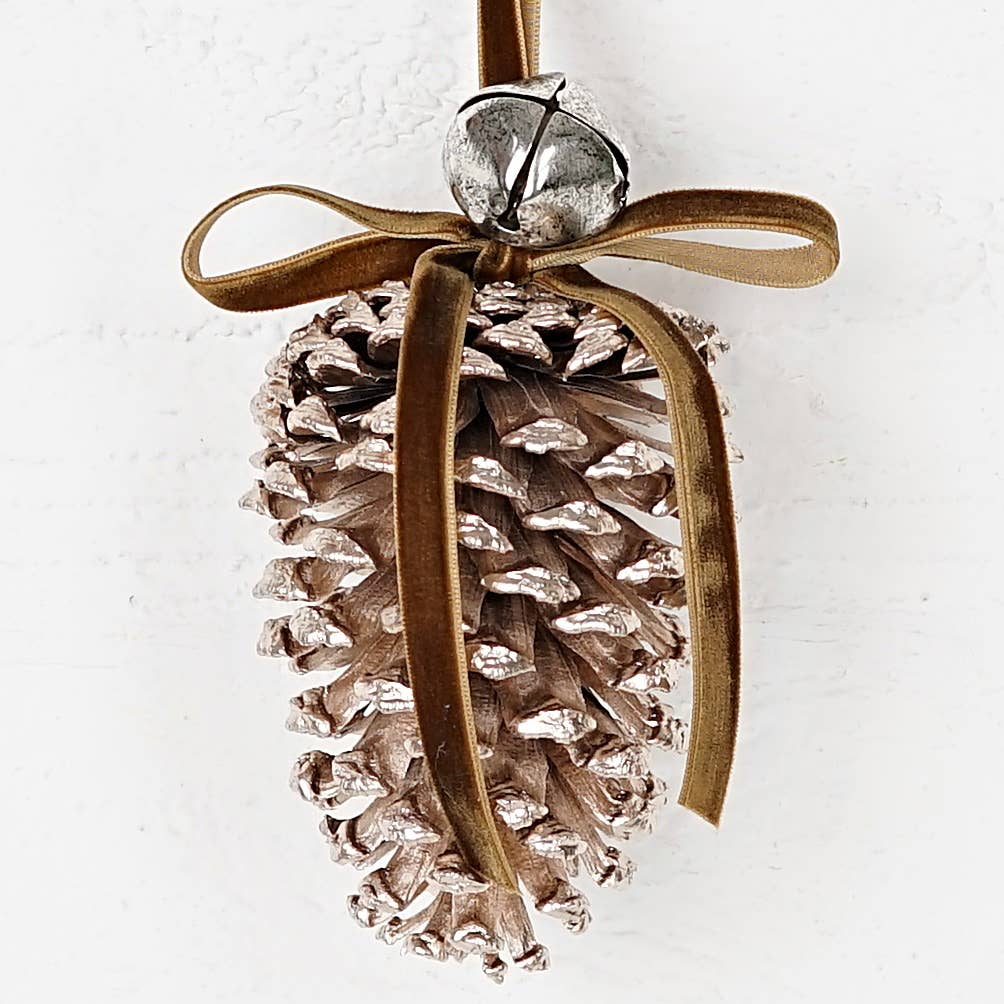 Hanging Jumbo Pinecone with Bell – Champagne (6”)