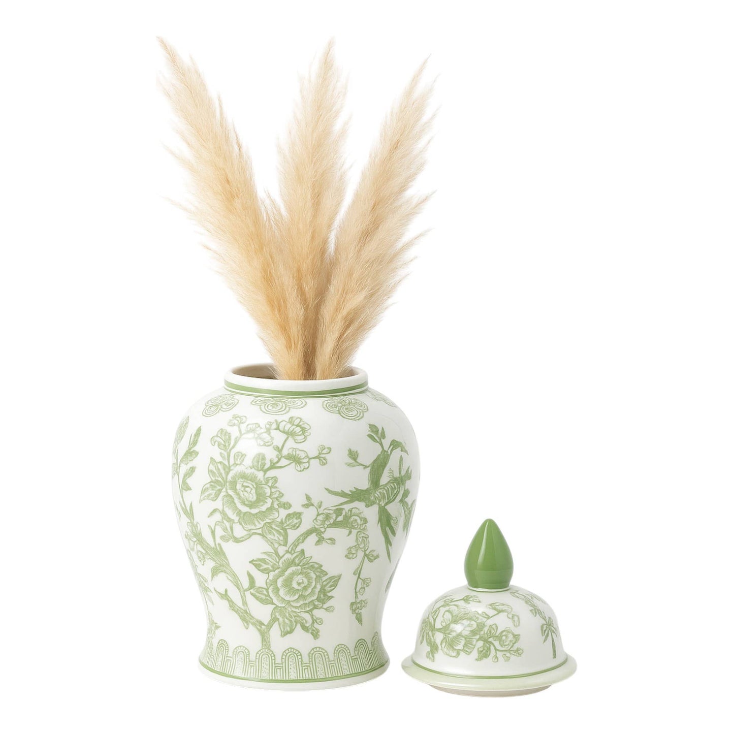 14 in. Green/White Bird and Flower Temple Chinoiserie Jar