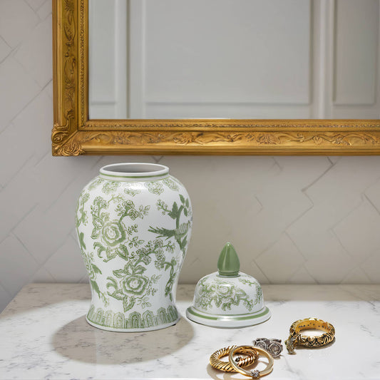 14 in. Green/White Bird and Flower Temple Chinoiserie Jar
